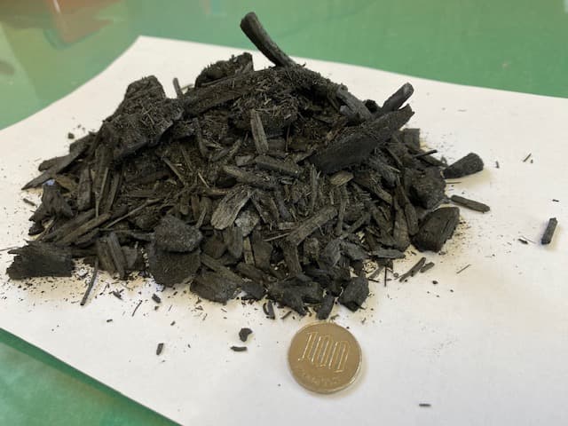 バイオ炭サンプルと 100 円玉。粒度の参考サイズ。